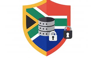 Shield with the South African flag, a secure database icon, and padlocks representing CES database security and speed.